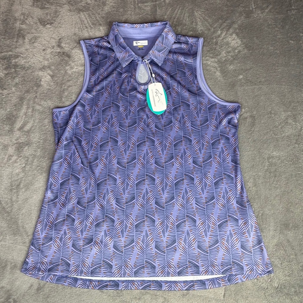 Greg Norman Sleeveless Polo Women XL Purple Palm Print‎ Play Dry G2S23XTK619 NEW